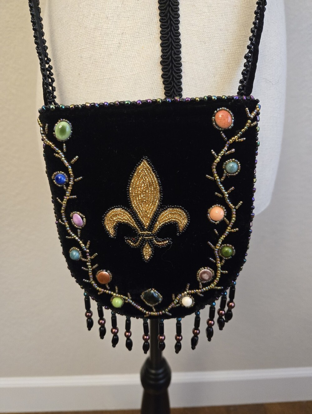 Black Velvet Fleur-De-Lis Womens Cross Body Small Purse Seed Beads & Stones